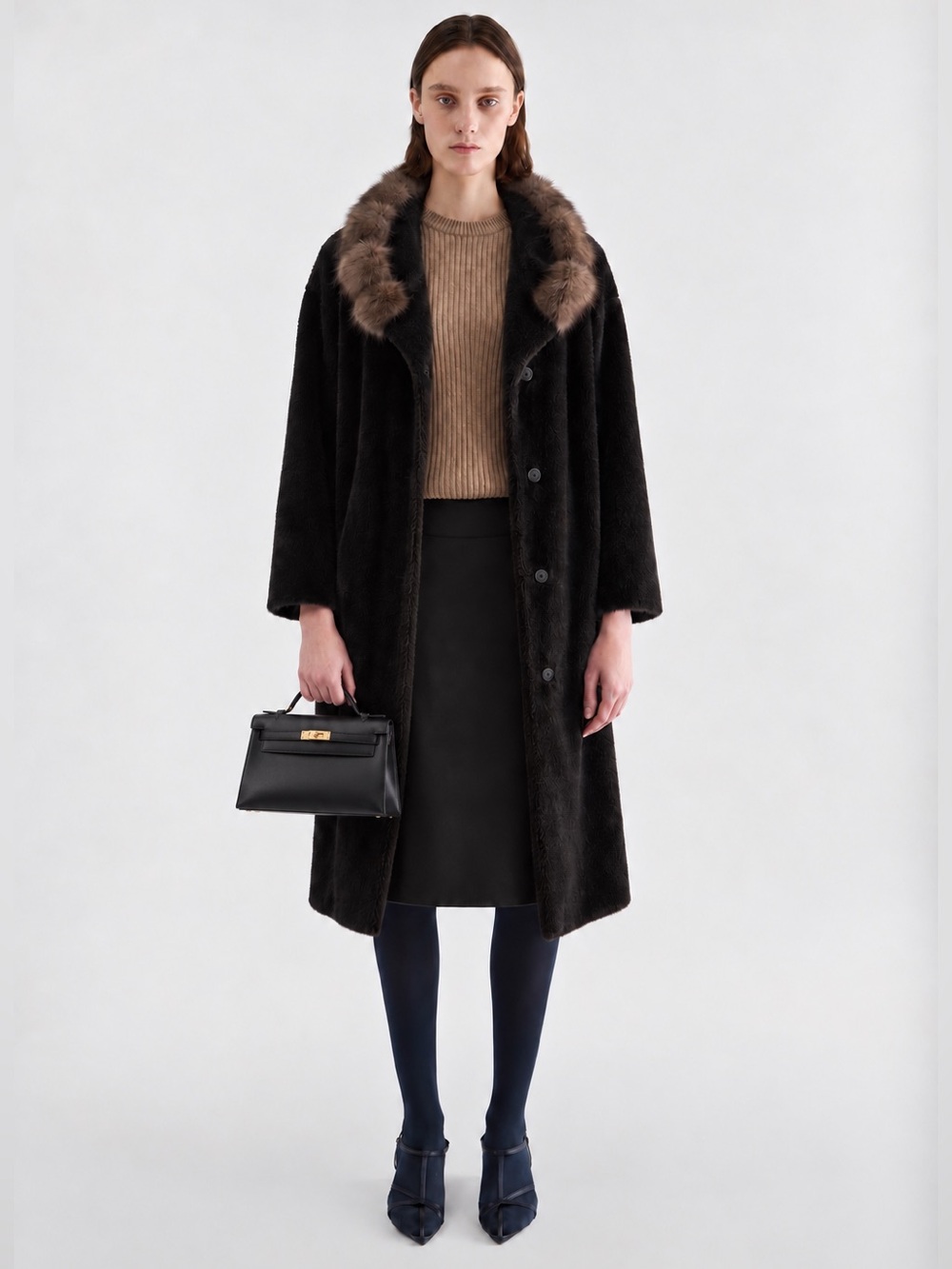 Luxury Alpaca Wool Blend Car Coat Marten Fur Trim Shawl Mock Hood Old Money M